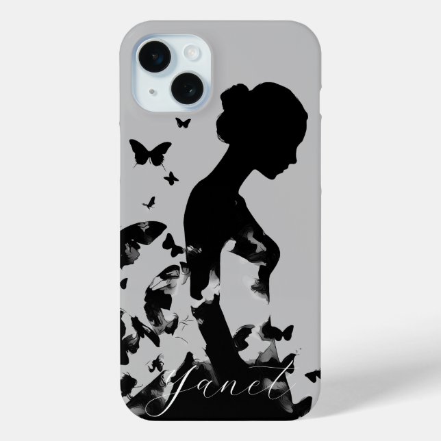 Ballerina & Butterflies Silhouette Black/Gray Name Case-Mate iPhone Case (Back)