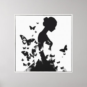 Ballerina & Butterflies Silhouette Monochromatic Canvas Print