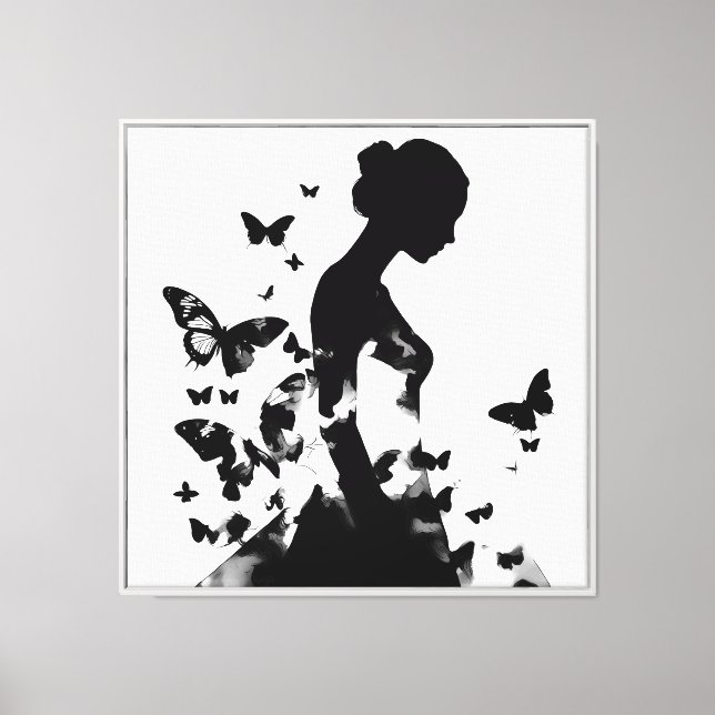 Ballerina & Butterflies Silhouette Monochromatic Canvas Print (Front)