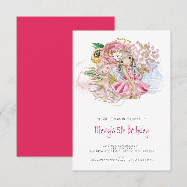 Ballerina Cat Florals Pink Girl 5th Birthday Party Invitation (Front/Back)
