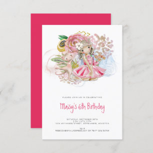 Ballerina Cat Florals Pink Girl 6th Birthday Party Invitation