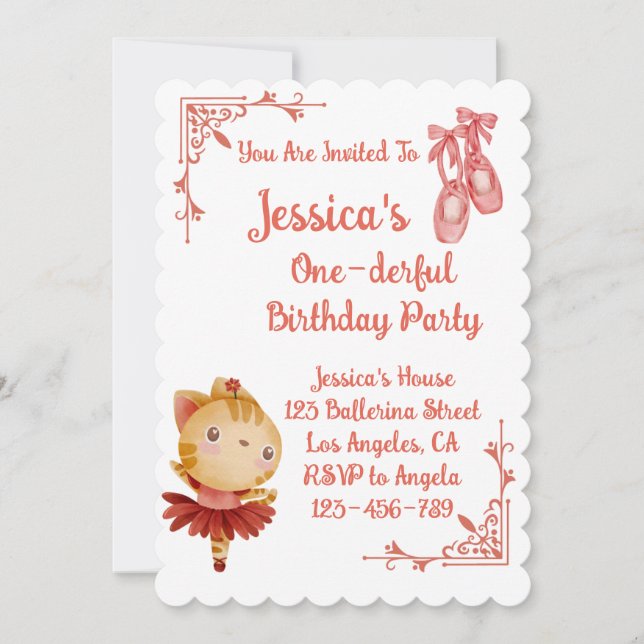 Ballerina Cat Kids Birthday Party Invitation (Front)