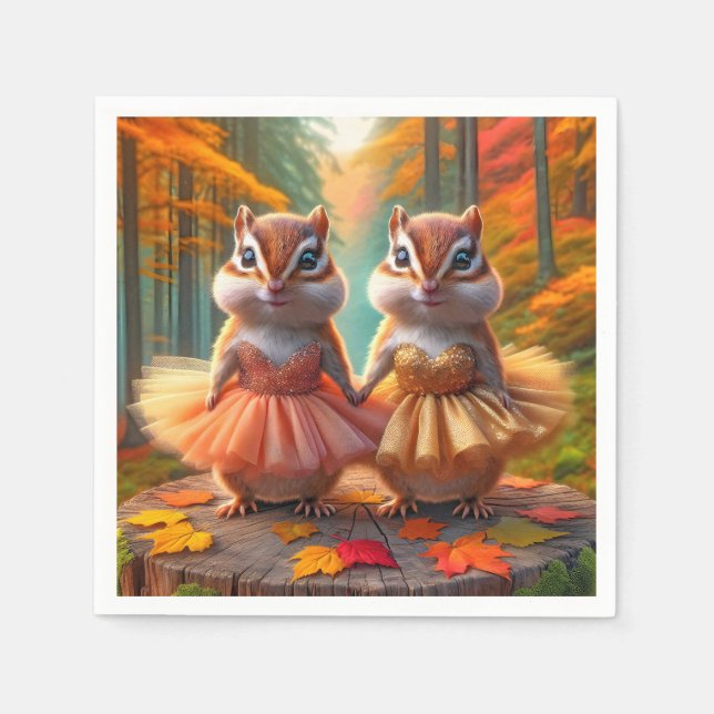 Ballerina Chipmunks On a Fall Tree Stump Napkins (Front)