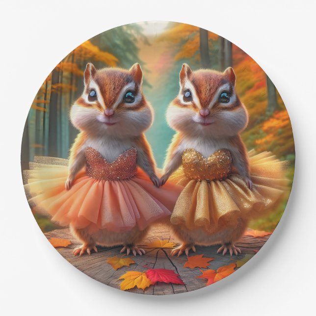 Ballerina Chipmunks On a Fall Tree Stump Paper Plates (Front)