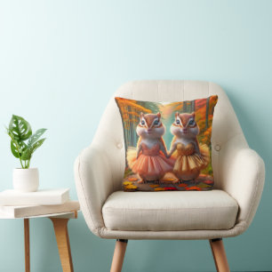 Ballerina Chipmunks On a Fall Tree Stump Throw Pillow