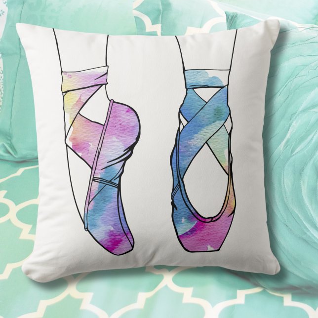 Ballerina Cute Ballet Throw Pillow (Cute Watercolor Pointe Shoes Ballet Throw Pillow)