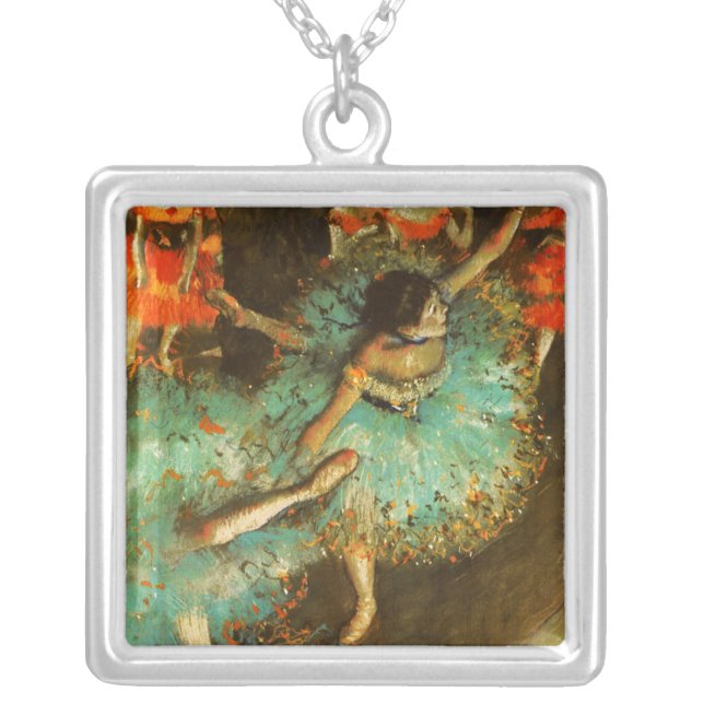Ballerina Dance Green Dancer Edger Degas Painting Silver Plated Necklace (Front)