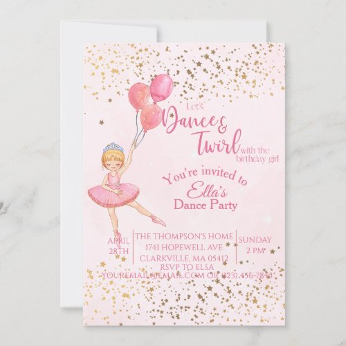 Ballerina dance pink watercolor birthday  invitation