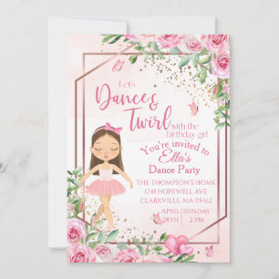 Ballerina dance pink watercolor birthday invitation