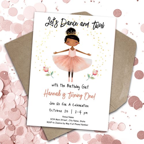 Ballerina Dance Twirl 1st Birthday Girl Pink Invitation