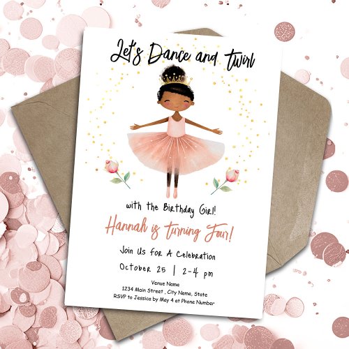 Ballerina Dance Twirl 4th Birthday Girl Pink Invitation