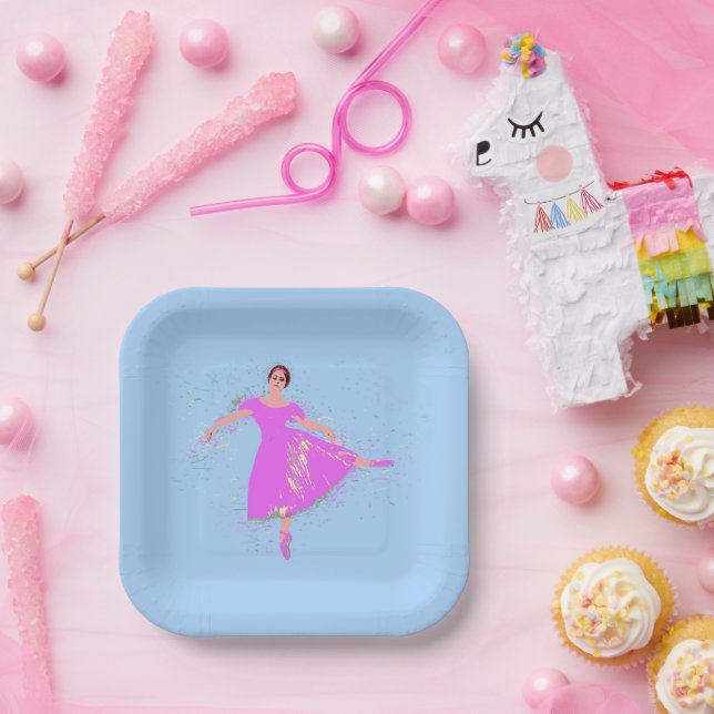 Ballerina Dancer in Magenta Pink Dress Paper Plates (Party)