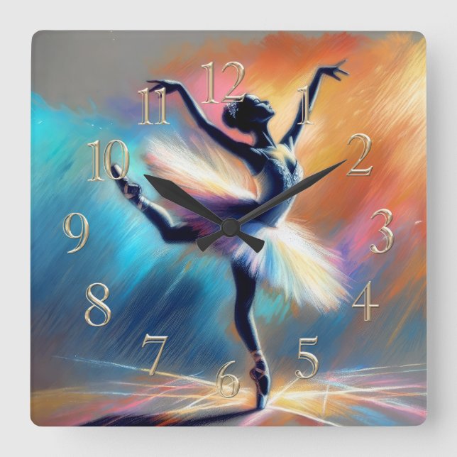 Ballerina Dancer Pastel Drawing Colorful Square Wall Clock (Front)