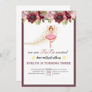 Ballerina Dancer  Pink Floral Ballet Birthday Invitation