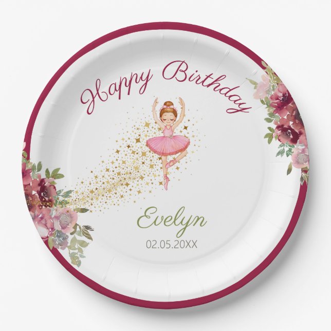 Ballerina Dancer| Pink Floral Ballet Birthday Paper Plates (Front)