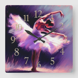 Ballerina Dancer Posing Pastel Drawing Purple Blue Square Wall Clock