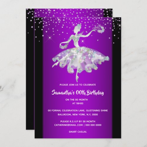 Ballerina dancing glitter purple girls party invitation