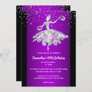 Ballerina dancing glitter purple girls party invitation