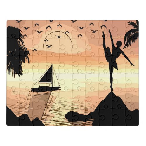 Ballerina Dancing Sunset Abstract silhouette Art  Jigsaw Puzzle