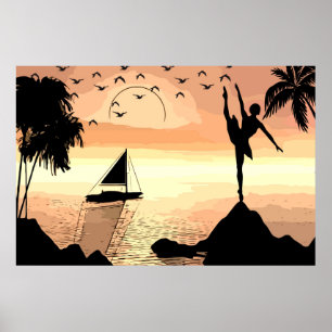 Ballerina Dancing Sunset Abstract silhouette Art Poster