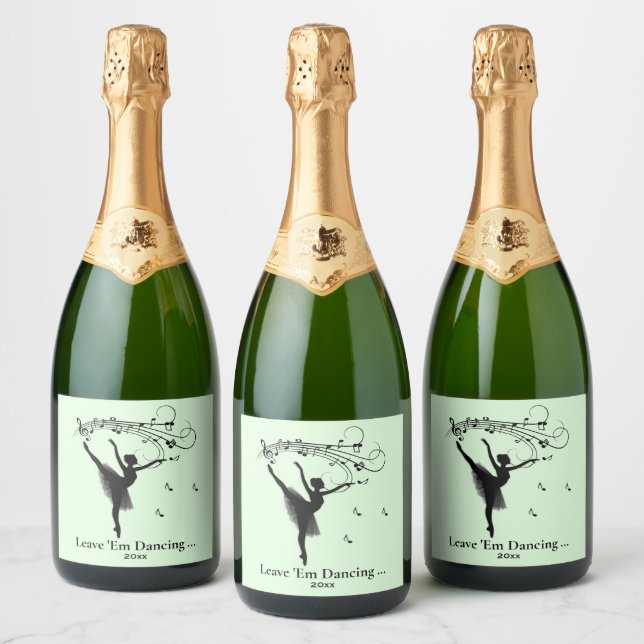 Ballerina Dancing with Music Green Sparkling Wine Label (Bottles)