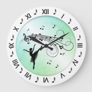 Ballerina Dancing with Music Notes Green Large Clock
