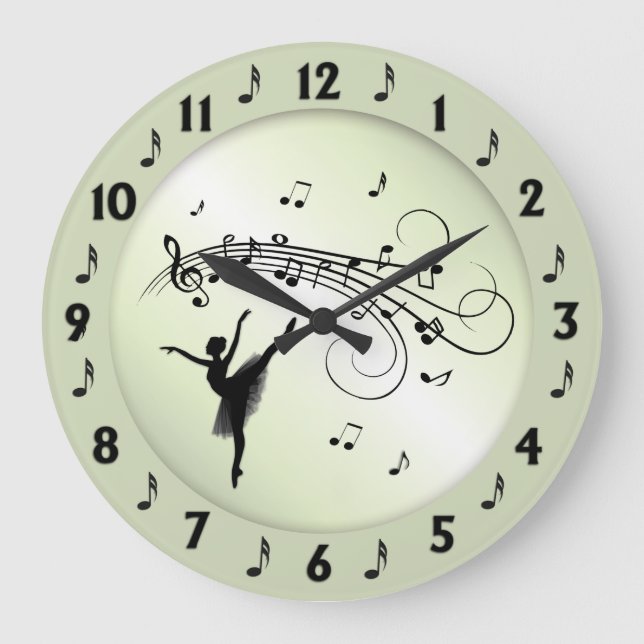 Ballerina Dancing with Music Notes Green Large Clock (Front)