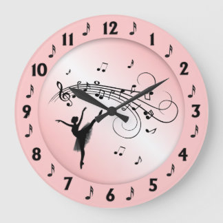 Ballerina Dancing with Music Notes Pink Large Clock