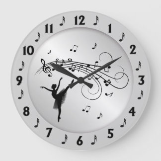 Ballerina Dancing with Music Notes Silver Large Clock