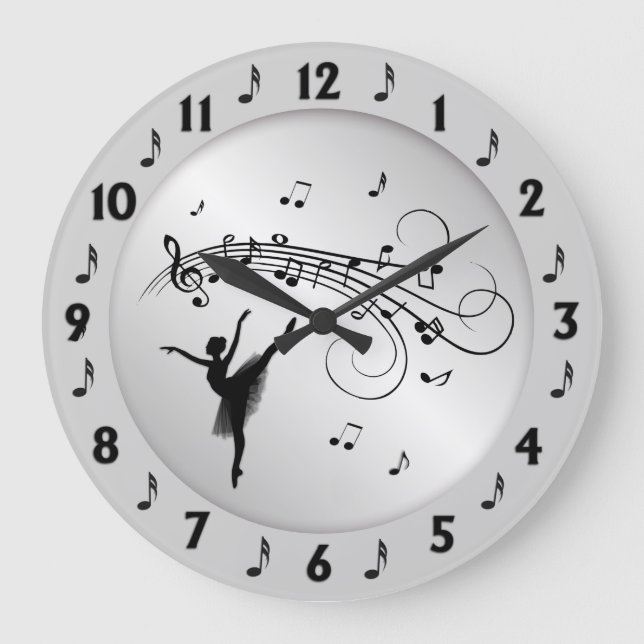 Ballerina Dancing with Music Notes Silver Large Clock (Front)