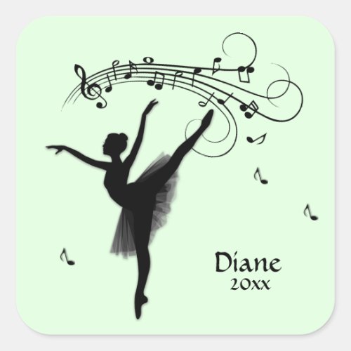 Ballerina Dancing with Music Personal Green Square Sticker
