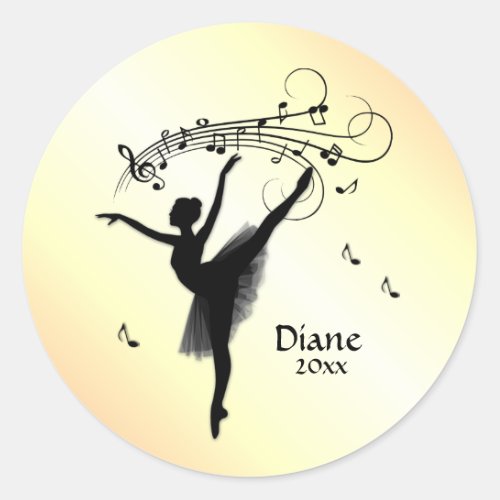 Ballerina Dancing with Music Personal Yellow Classic Round Sticker