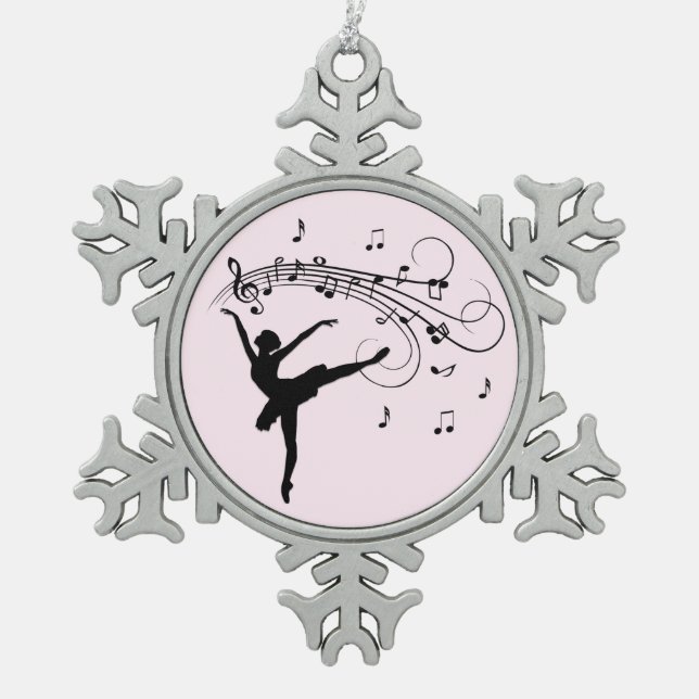 Ballerina Dancing with Music Pink Snowflake Pewter Christmas Ornament (Front)