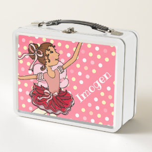 Ballerina dark hair girl pink red name lunch box