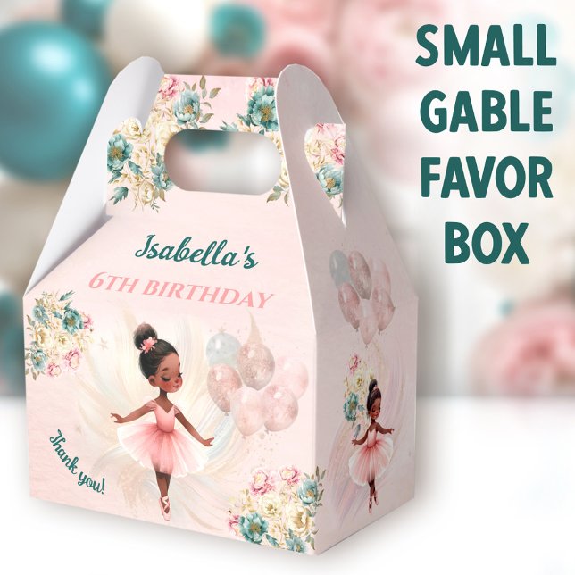 Ballerina Dark Skin Hair Pink Floral Girl Birthday Favor Boxes (Cute Dark Ballerina Small Gable Favor Boxes - You can choose from 3 sizes of these gable favor boxes)