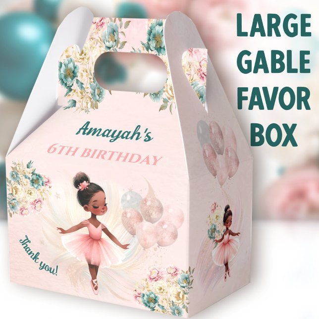 Ballerina Dark Skin Pink Girl Birthday Large Favor Boxes (Cute Dark Ballerina Large Gable Favor Boxes - You can choose from 3 sizes of these gable favor boxes)