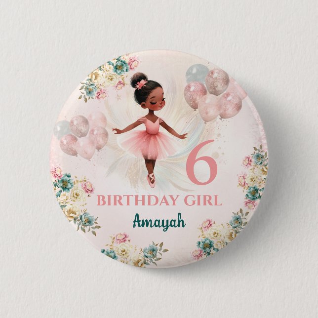 Ballerina Dark Skin Pink Teal Floral Birthday Button (Front)