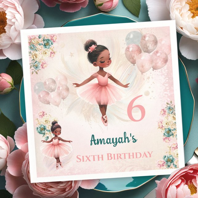 Ballerina Dark Skin Pink Teal Floral Birthday Napkins (Ballerina Dark Skin Pink Teal Floral Birthday Napkins)