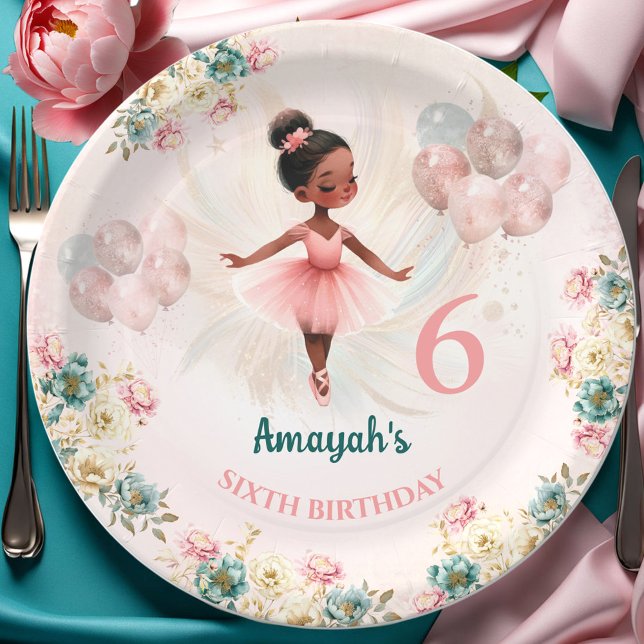 Ballerina Dark Skin Pink Teal Floral Birthday Paper Plates (Ballerina Dark Skin Pink Teal Floral Birthday Paper Plates)