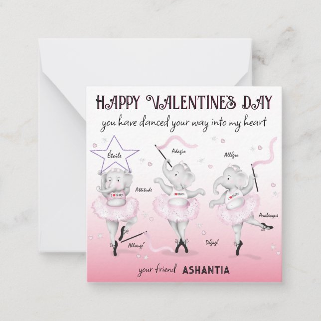 Ballerina Elephant Dance Classroom Valentine Note Card (Front)