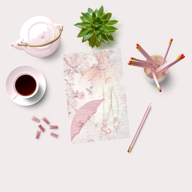Ballerina en Pointe with Pink Parasol Floral Lined Stationery (Creator Uploaded)