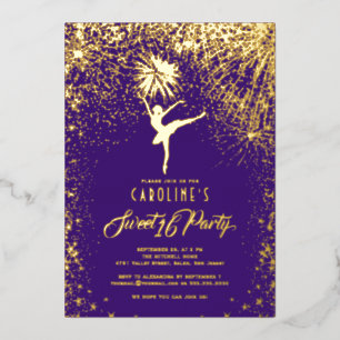Ballerina Fireworks Elegant Sweet 16 Purple Gold Foil Invitation