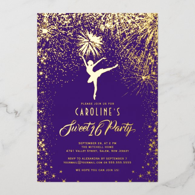 Ballerina Fireworks Elegant Sweet 16 Purple Gold Foil Invitation (Front)