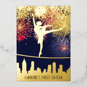 Ballerina Fireworks Skyline Sweet 16 Blue Gold Foil Invitation