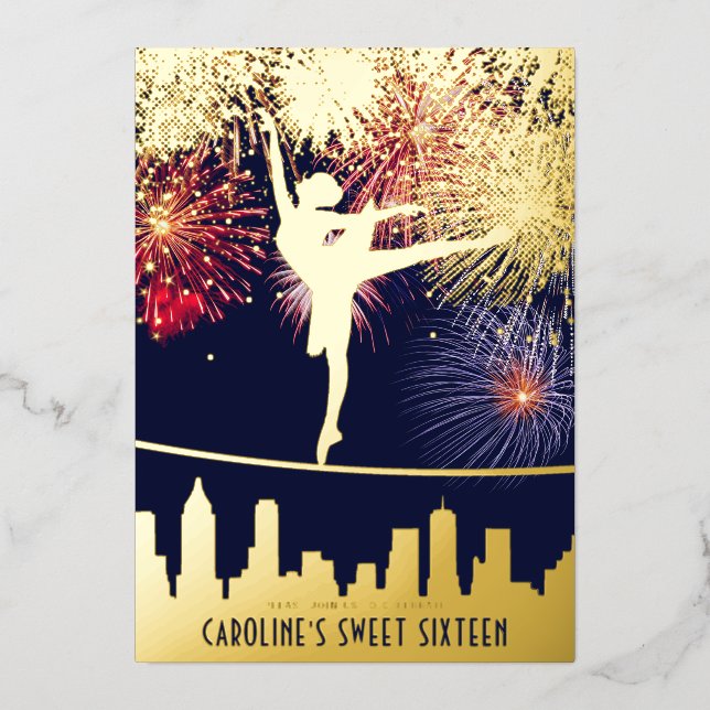 Ballerina Fireworks Skyline Sweet 16 Blue Gold Foil Invitation (Front)