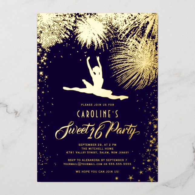Ballerina Fireworks Stars Sparks Sweet 16 Gold Foil Invitation (Front)
