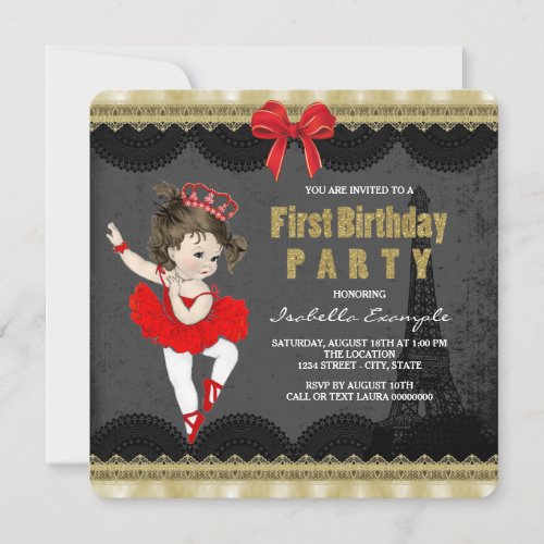 Ballerina First Birthday Party Invitation