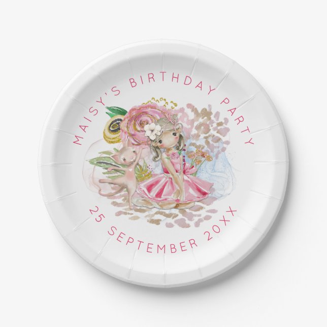 Ballerina Floral Cat Name Birthday Party Paper Plates (Front)
