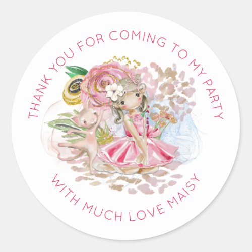Ballerina Floral Cat Name Thank You Birthday Party Classic Round Sticker