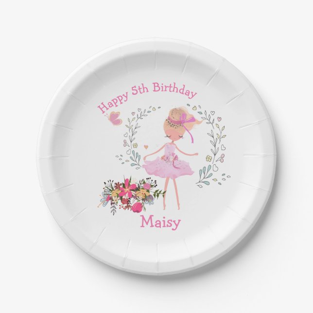 Ballerina Floral Design Birthday Party Paper Plates (Front)